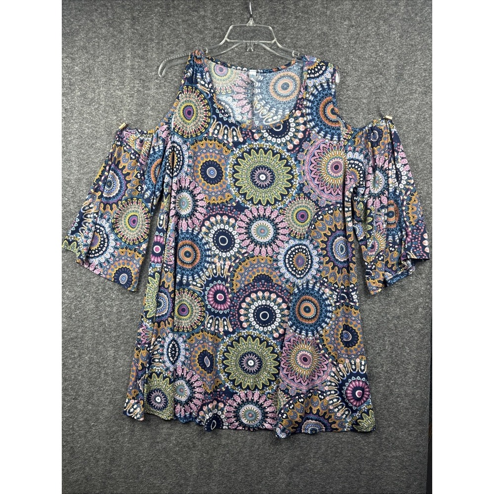 Paisley Grace Womens XL Cold Shoulder Boho Medallion Tunic Shift Dress
